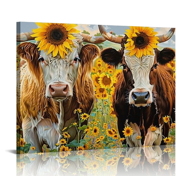Chilfamy Highland Cow with Sunflower Canvas Wall Art Farmhouse Animal Wood Grain Background Prints for Kitchen Home Living Room Decor) 20x16in