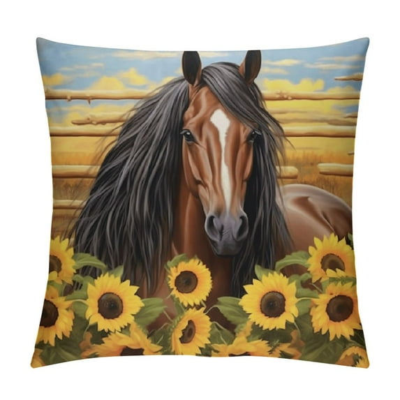 Chilfamy Horse Pillow Cover for Home Bed Yellow Sunflower Rustic Nature Plant Decor Cushion Cover Retro Brown Blue Wooden Stripes Cushion Case for Party Housewarming Office