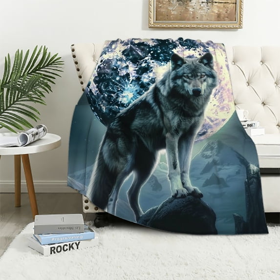 Chilfamy Howling Wolf Blanket for Bed Moon Throw Blanket for Women, Men and Kids Super Soft Plush Wolf Blanket Throw Throw Plush Blanket Wolf Gifts White