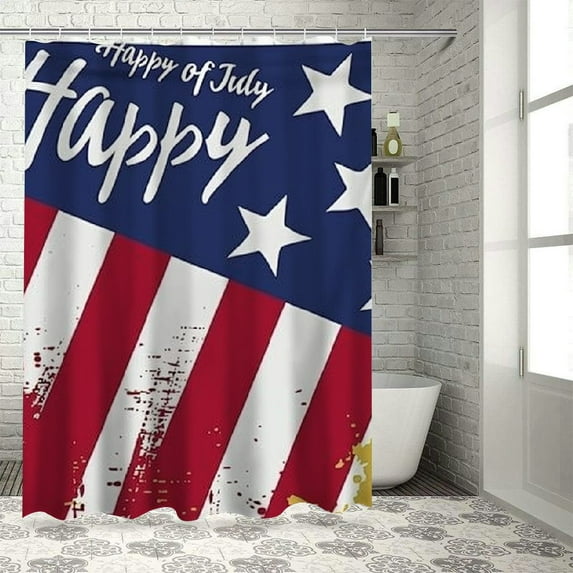 Chilfamy Independence Day Shower Curtain Happy 4th of July Shower Curtain Pentagram USA Flag Polyester Fabric Curtain Waterproof Bathroom Decor Set with Hooks American Festival Gifts White