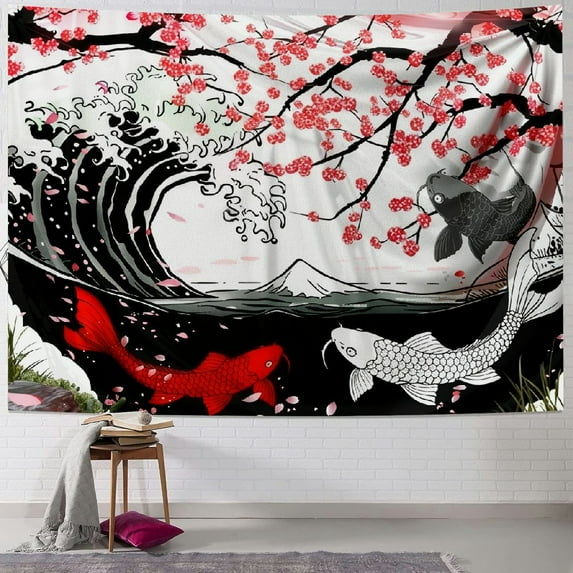 Chilfamy Japanese Anime Tapestry, Black and White Yin Yang Koi Fish Tapestry for Bedroom Aesthetic, Asian Wave Cherry Blossom Tapestries Poster Beach Blanket College Dorm Home Decor 40x60inch