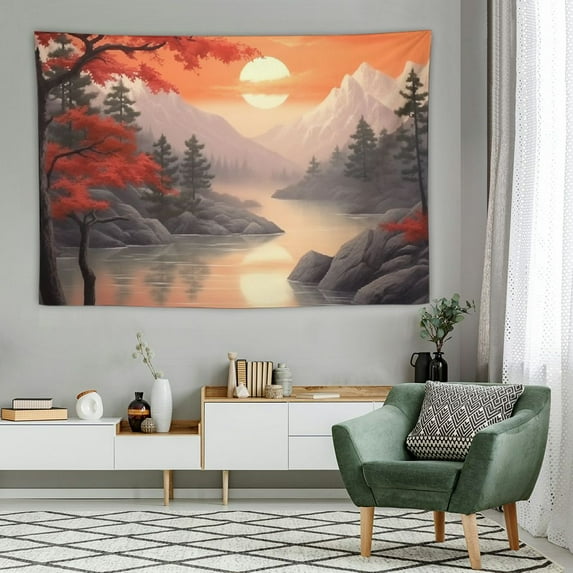 Chilfamy Japanese Tapestry Landscape, Asian Tapestry Wall Hanging Japan Nature Sunset landscape Wall Tapestry for Bedroom Aesthetic Living Room Asia Home Decor 60x40 Inch
