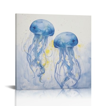 Chilfamy Jellyfish Watercolor Painting Canvas Print Wall Art Ready To Hang Home Decor 16x16in
