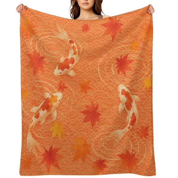 Chilfamy Koi Fish Maple Leaf Pattern Soft Flannel Throw Blanket, Lightweight Fuzzy Warm Cozy Blanket for Couch Bed Home Travel Decor