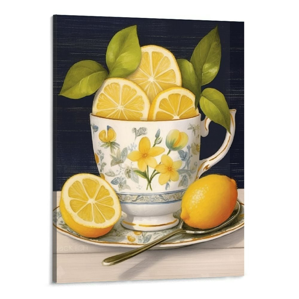 Chilfamy Lemon Wall Art Farmhouse Yellow Kitchen Wall Decor Fruit Summer Paintings Lemon Tea Cup