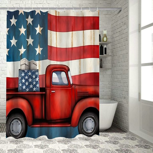 Chilfamy Let Freedom Ring Patriotic Theme Shower Curtain American Flag Retro Red Truck Bath