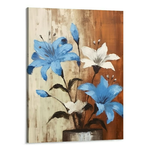 Chilfamy  Lily Flower Brown and Blue Canvas Wall Art Abstract Contemporary Artwork for Living Room Bedroom Office Decoration, Stretched and Framed Ready to Hang Each 16x20 Inch