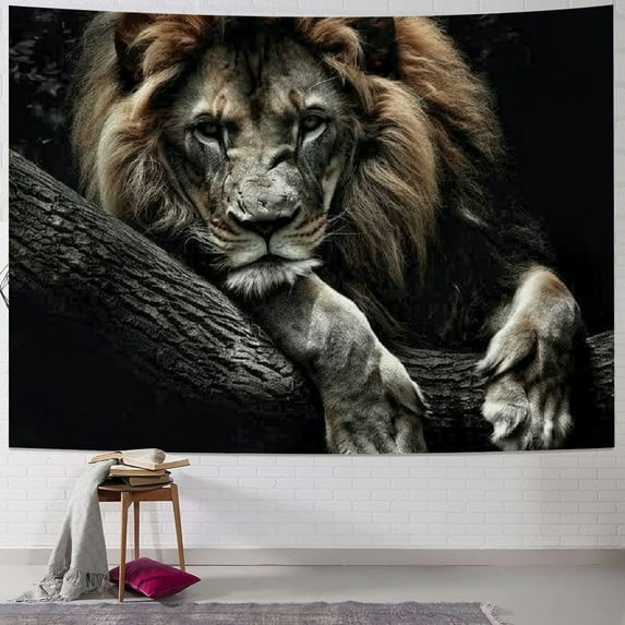 Chilfamy Lion Tapestry, Wild Animal African Lion on Black Background, Tapestries Wall Hanging for Bedroom Living Room Collage Dorm Room Painting