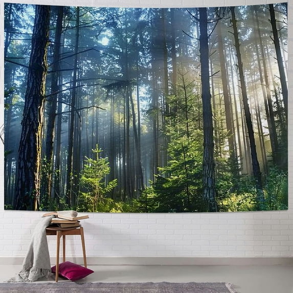 Chilfamy Misty Forest Tapestry Wall Hanging Nature Landscape Tapestry Sunshine Through Tree Tapestries for Bedroom Living Room Dorm Decor Painting