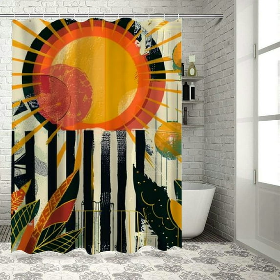 Chilfamy  Monstera Shower Curtain, Solar Eclipse Moon Stages and Nature Abstract Boho Mid Century Style, Cloth Fabric Bathroom Decor Set with Hooks, Beige Burnt Orange Black White