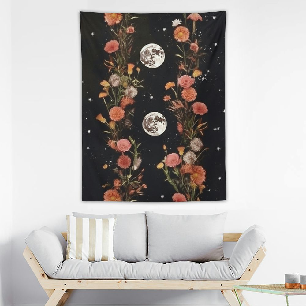 Chilfamy Moonlit Garden Tapestry, Moon Phase Surrounded by Plants and ...