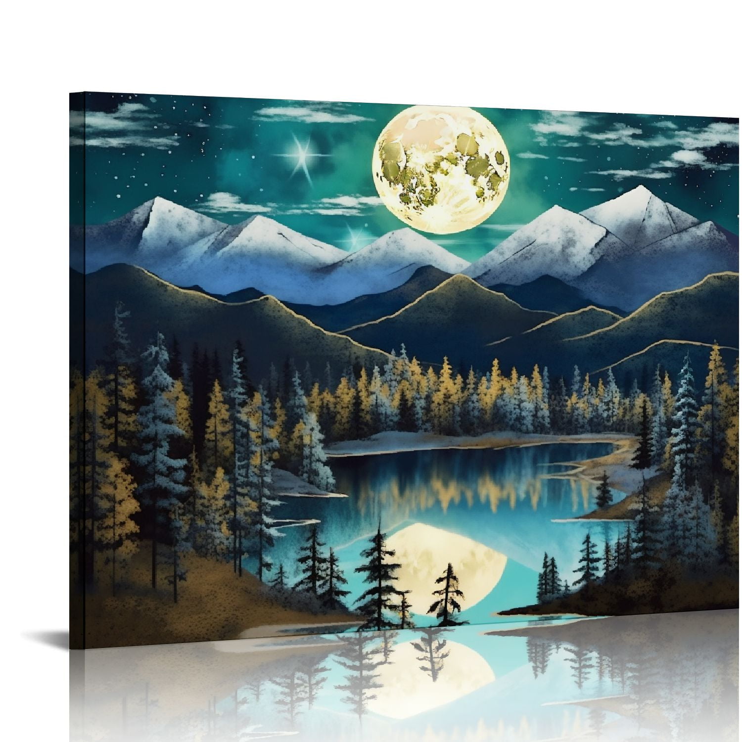 Chilfamy Mountain Lake Full Moon Trees Canvas Print Wall Decor Ready To ...