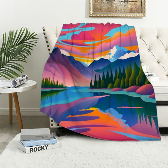 Chilfamy Mountain Range Lake Sunset Super Soft Flannel Blanket for Bed Sofa Decor All Seasons Hand Feel Blanket 60x80in
