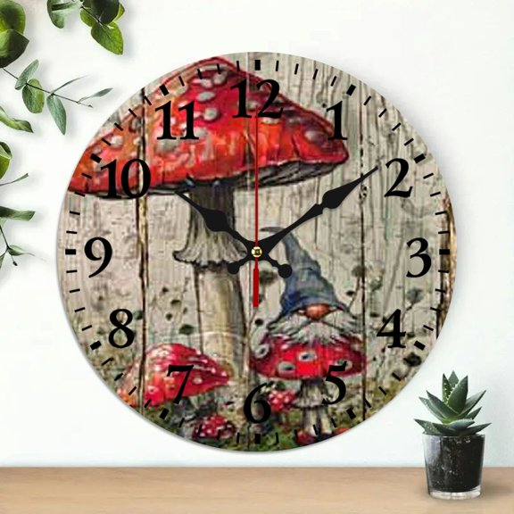 Chilfamy Mushroom Gnome Whimsical Theme Wall Clock, 10 Inch, Ideal for Living Room Decor, Kitchen, Dorms, Everyday Gift 10x10in