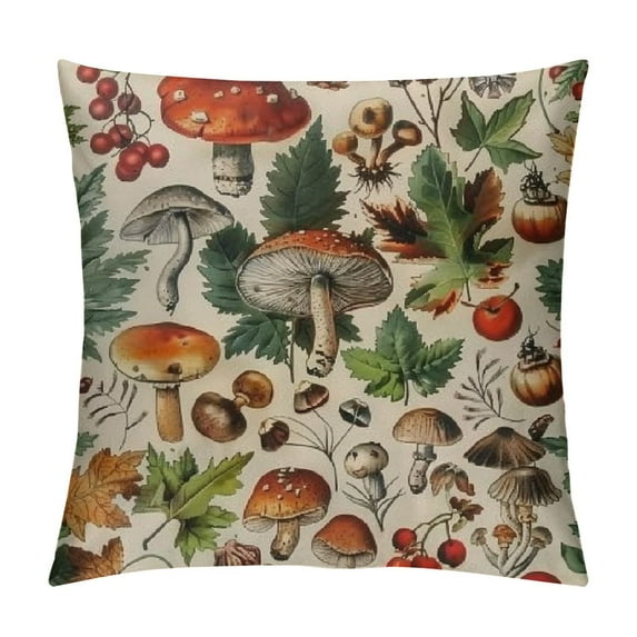 Chilfamy Mushrooms Leaves Berries Decorative Square Throw Pillow Covers Autumn Style Home Decor Sofa Couch 1PC 12x12in