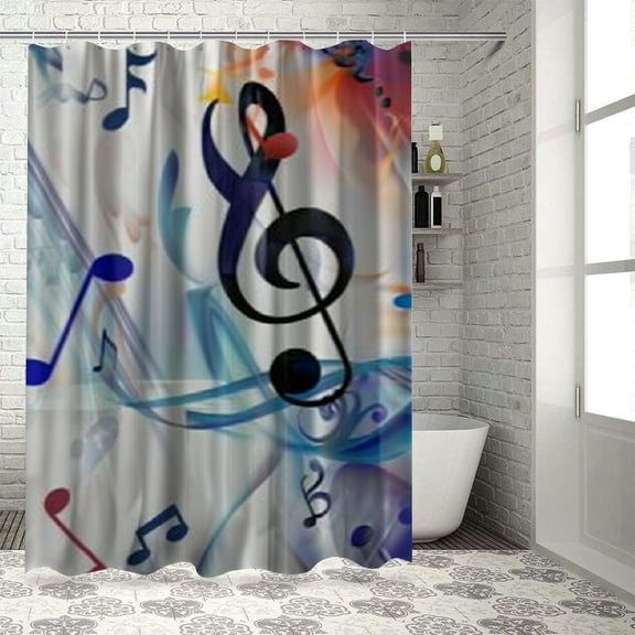 Chilfamy Music Shower Curtain, G-Clef Key Instrument Creative Rhythmic Ornate Motifs Digital Design Print, Cloth Fabric Bathroom Decor Set with Hooks White