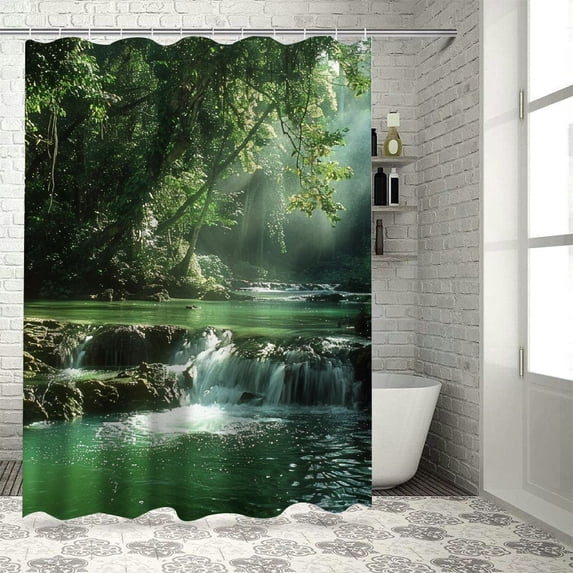 Chilfamy Nature Shower Curtain, Tropical Forest Foliage Cascade Rainforest Relaxing National Park Image, Cloth Fabric Bathroom Decor Set with Hooks,Hunter Green Brown White