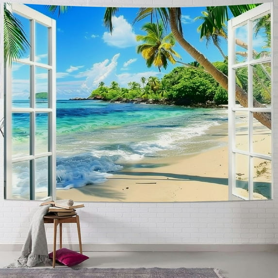 Chilfamy Nature Tapestry Blue Beach Poster Decor for Bedroom Plant Ocean Sea Sand Tropical Tree Window Tapestry Coconut Palm Wall Tapestry for Living Room College Dorm Home Decor Painting