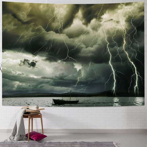 Chilfamy Nature Tapestry, Majestic Rain Cloud with a Thunderstorm All Over The Ocean Sea Dramatic Scenery, Fabric Wall Hanging Decor for Bedroom Living Room Dorm 50x40inch