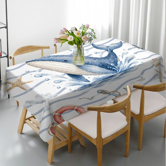 Chilfamy Nautical Whale Watercolor Rectangle Dining Tablecloth, Polyester Tablecloths - Holiday-Themed Design Rectangle Dining Tablecloth, Ideal for Kitchen Picnic Party
