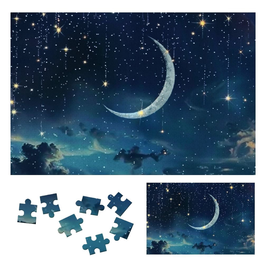 Chilfamy Night Sky Stars Crescent Moon Wooden Jigsaw Puzzle for Adults ...