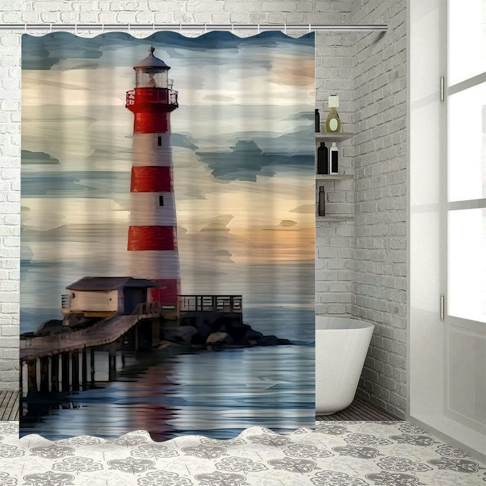 Chilfamy Ocean Boat Lighthouse Shower Curtain Set with Hooks, Cloth Fabric Bathroom Decor, Waterproof Washable Shower Curtain 69x72