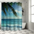thumbnail image 1 of Chilfamy  Ocean Shower Curtain, Palms Tropical Island Summer Beach Foamy Sea Water Maldives Idyllic Photography, Cloth Fabric Bathroom Decor Set with Hooks, Blue Green, 1 of 7