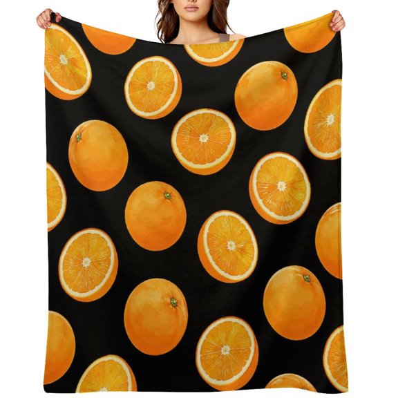 Chilfamy Orange Citrus Pattern Black Background Soft Flannel Throw Blanket, Lightweight Fuzzy Warm Cozy Blanket for Couch Bed Home Travel Decor