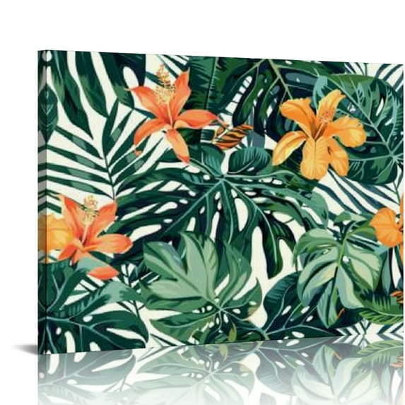 Chilfamy Orange Flowers Green Leaves Canvas Wall Decor For Home Living Room Bedroom Kitchen Dining Room Stairway Corridor Hotel Office Salon Condo Bar Mediation Wall Art 20x16in