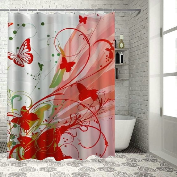 Chilfamy Orange and Pink Shower Curtain, Warm Colors Victorian Style Arrangement of Swirls and Lines, Cloth Fabric Bathroom Decor Set with Hooks, Vermilion and Pale Pink White