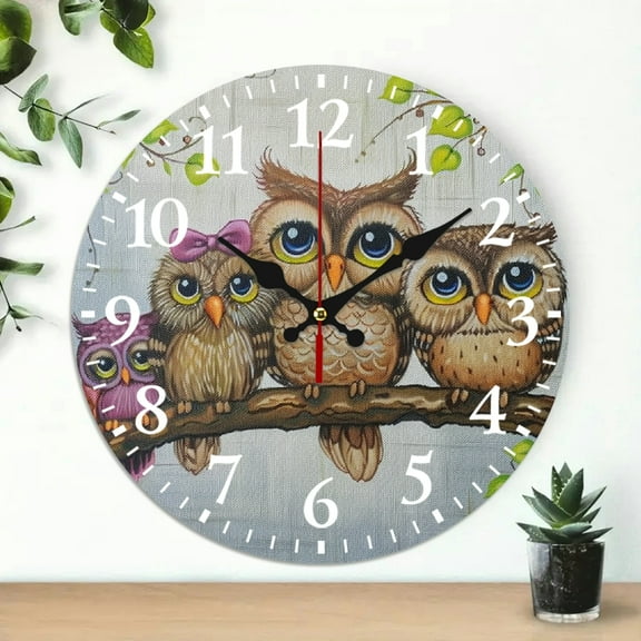 Chilfamy Owls Family Branch Round Wooden Wall Clock Silent Mechanical Movement for Home Decor, Perfect for Living Room, Dorm, Bedroom, Kitchen, Home Office, 10 Inches 10x10in