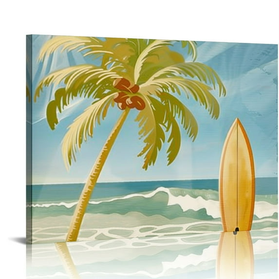 Chilfamy Palm Tree Surfboard Beach Wall Art Decor for Bathroom Ready To Hang Room Home Art Decor 16x12in