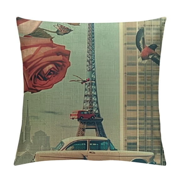 Chilfamy Paris Travel Throw Pillow Cover Vintage Paris City with Bicycle Car Flowers Butterfly Decorative Square Pillow Case for Home Bedroom Living Room Cushion Cover White