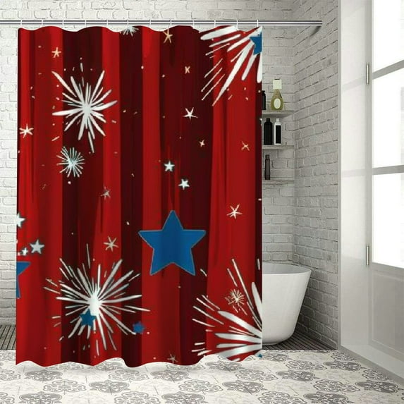 Chilfamy Patriotic 4th of July Shower Curtain, Red White Blue Stars Freedom Shower Curtains Set with Hooks, Memorial Day Summer Waterproof Fabric Bathroom Curtains Decor Home Accessories White