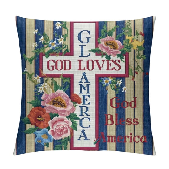 Chilfamy Patriotic Pillow Cover God Bless America 4th of July Decor Independence Day Decorations Memorial Day Striped Cushion Case for Sofa Couch White