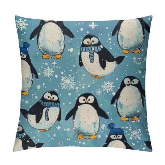 Chilfamy Penguins Throw Pillow Cover Antarctica Wildlife Decorative Throw Pillowcase for Sofa, Cartoon Animals Pillow Case Cushion Cover, Snow Blue Cushion Case Room Decorations White