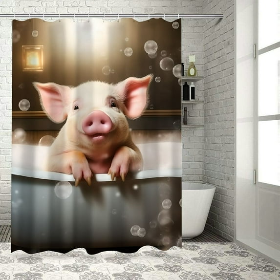 Chilfamy Pig Bubbles Wooden Shower Curtain Set with Hooks, Cloth Fabric Bathroom Decor, 100% Polyester, Waterproof, Quick Drying, Various Sizes 36x72
