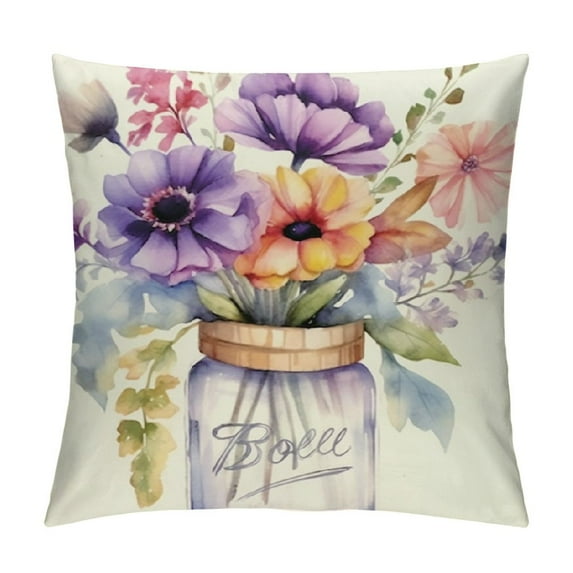 Chilfamy Pillow Covers Poppy Flowers Mason Jar Eucalyptus Leaves Butterfly Spring Pillows Decorative Throw Pillows Purple Cushion Case Summer Decorations Farmhouse Decor for Couch Sofa