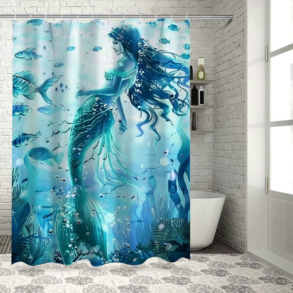 Chilfamy Pink Mermaid Shower Curtain,Sea Ocean Octopus Coral Reef Fish