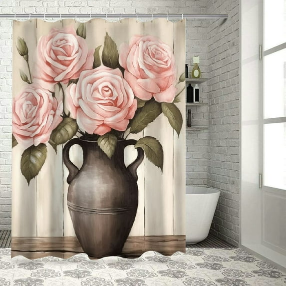 Chilfamy Pink Roses Pretty Shower Curtain 100% Polyester Bathroom Decor Set with Hooks 69x72