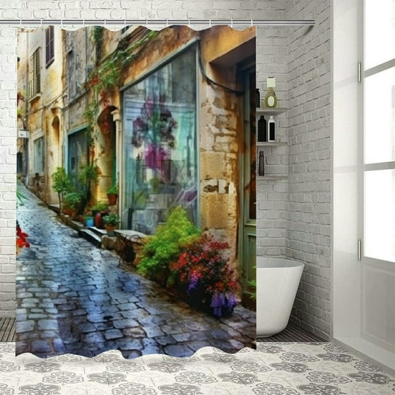 Chilfamy Potted Plants Stone Building Pretty Shower Curtain 100% Polyester Washable Bathroom Decor with Hooks 60x72