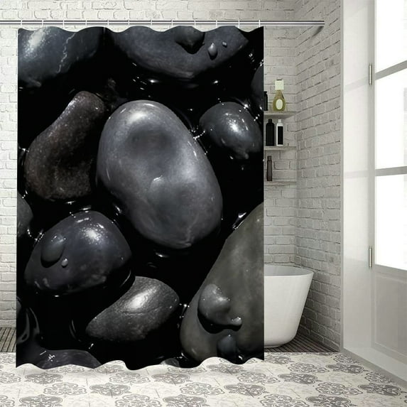 Chilfamy Pretty Shower Curtain with Hooks, Black Background Rocks Water Droplets Bathroom Decor, Chic Modern Style, 100% Polyester Fiber, Various Sizes 36x72