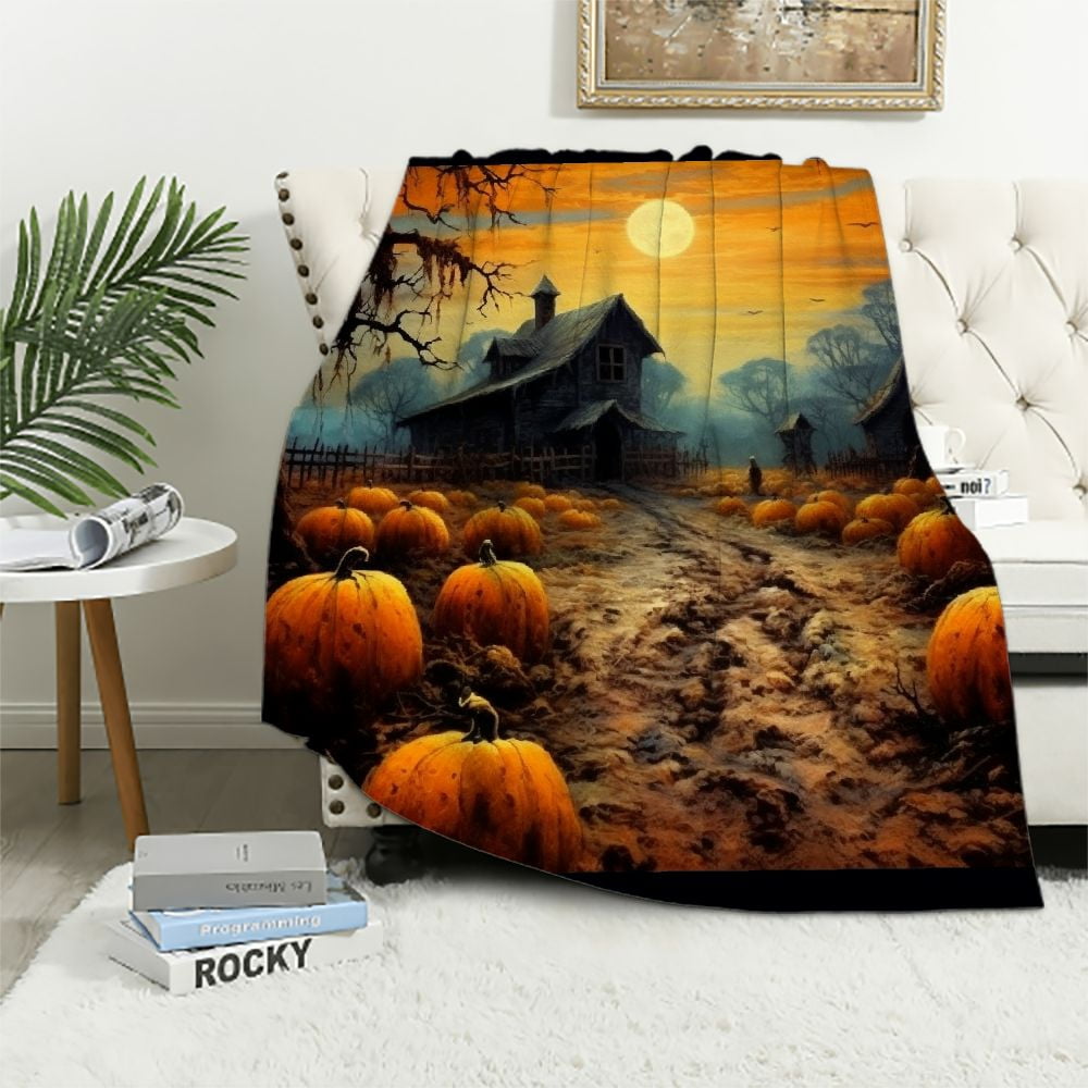 Chilfamy Pumpkin Full Moon House Flannel Throw Blanket for Bed Couch Sofa Chair All Seasons Gift 60x80in