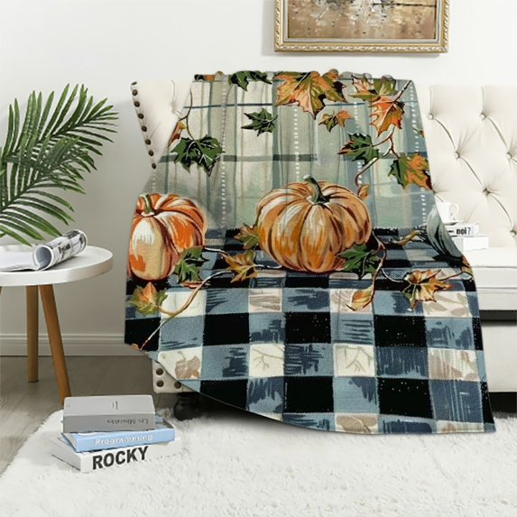 Chilfamy Pumpkins Leaves Checkered Tablecloth Flannel Blanket for Bed Couch Chair All Seasons - Soft Plush Throw Blanket, Perfect Gift 40x50in