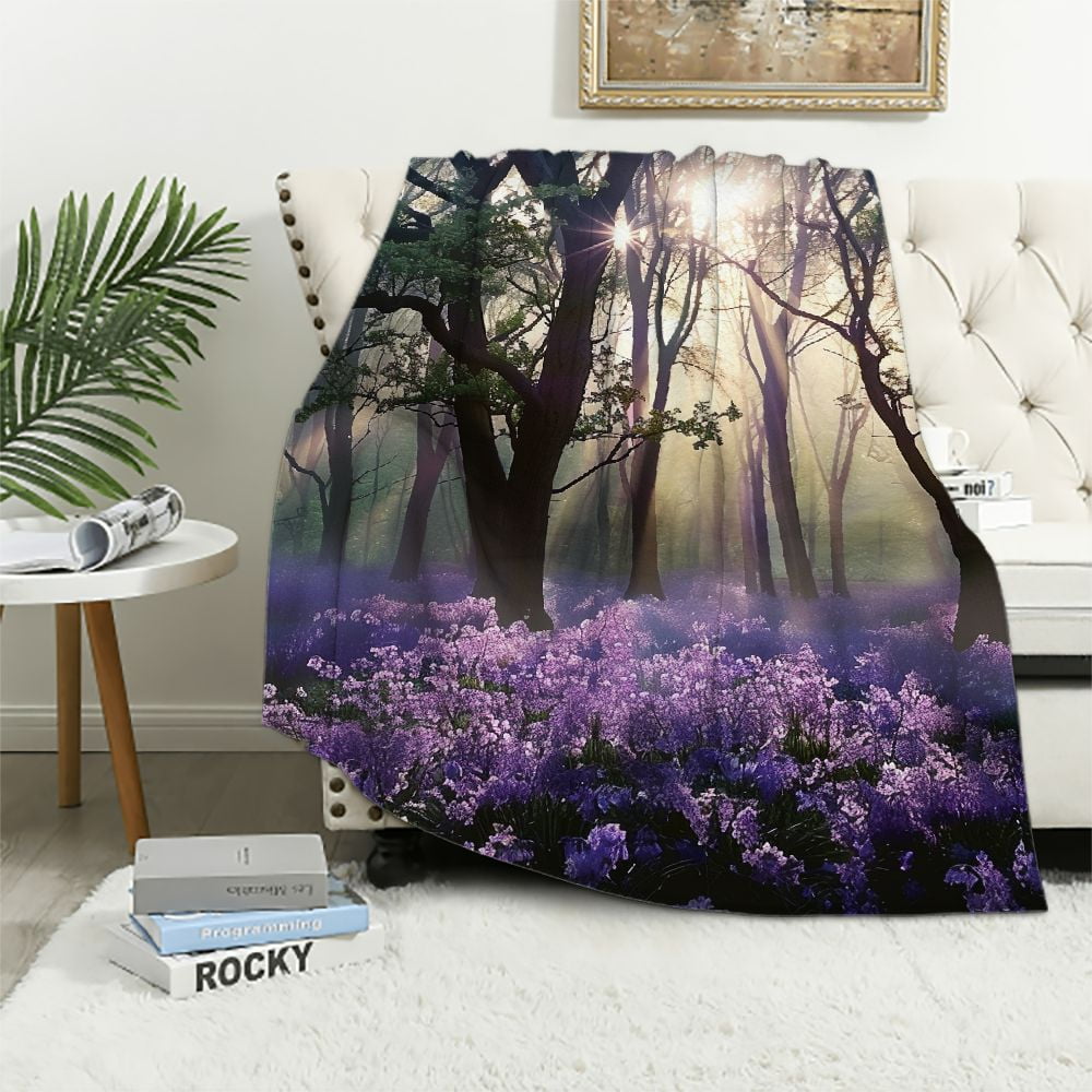 Chilfamy Purple Flowers Trees Sunlight Throw Blanket for Bed Couch