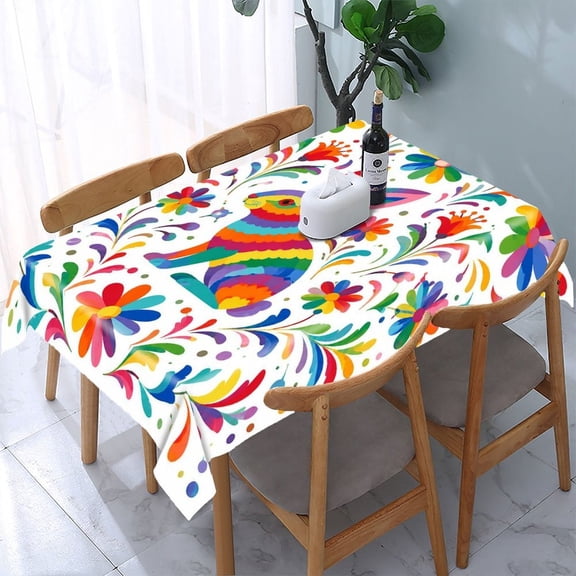 Chilfamy Rainbow Rabbit Floral Alebrije Rectangle Dining Tablecloth, Washable Wipeable Stain & Wrinkle Resistant Polyester Tablecloth for Kitchen Picnic Party