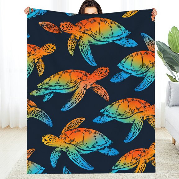 Chilfamy Rainbow Sea Turtle Dark Pattern Decorative Blanket, Napping Reversible Warm and Cozy Throw, Soft Throw for Couch, Travel, Camping