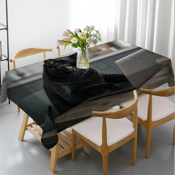 Chilfamy Rectangle Dining Tablecloth - Black Cat Working On Laptop Print, Machine-Made Holiday Party Tablecloth Rectangle Dining Tablecloth, Ideal for Kitchen Picnic Party