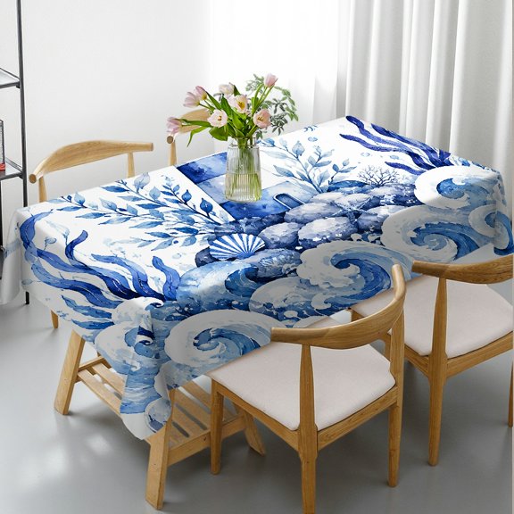 Chilfamy Rectangle Dining Tablecloth - Blue Watercolor Lighthouse Waves Print, Holiday Party Tablecloth Machine-Made Rectangle Dining Tablecloth, Ideal for Kitchen Picnic Party