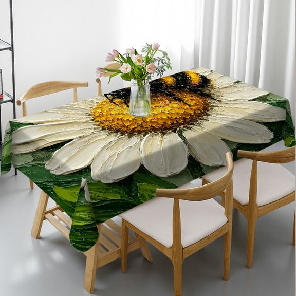 Chilfamy Rectangle Dining Tablecloth - Bumblebees On Daisy In Thick Paint Print, 2D Flat Printing Machine-Made Rectangle Dining Tablecloth, Ideal for Kitchen Picnic Party